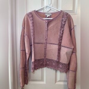 Y2K 90s Leather Crochet Patchwork Top Jacket Dusty Rose -L